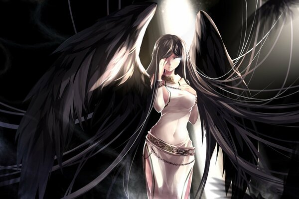 A girl in a light robe and black wings