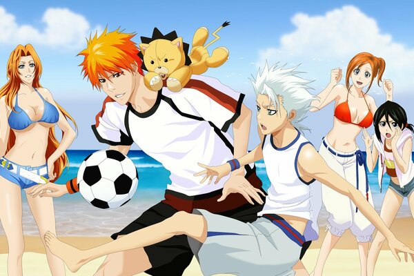 Anime characters play soccer on the beach