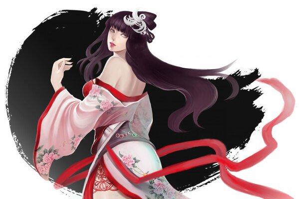 Fille en kimono avec ruban rouge