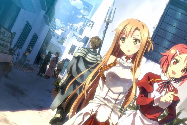 Anime characters walk through the streets of the city