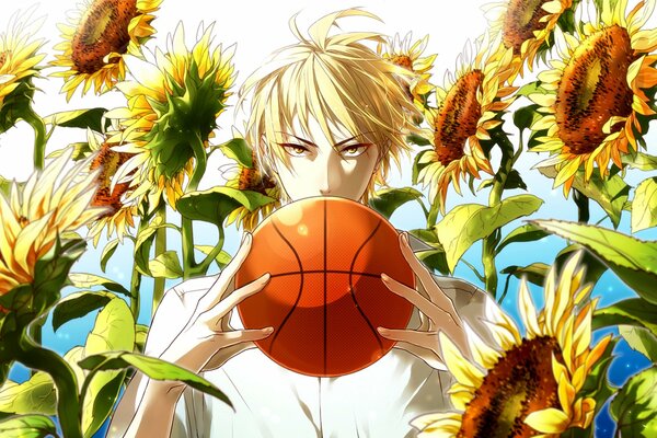 Anime Junge mit Basketball auf dem Feld