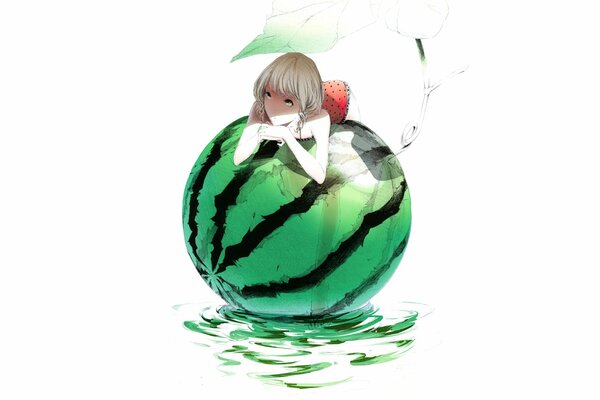 Anime girl is lying on a watermelon