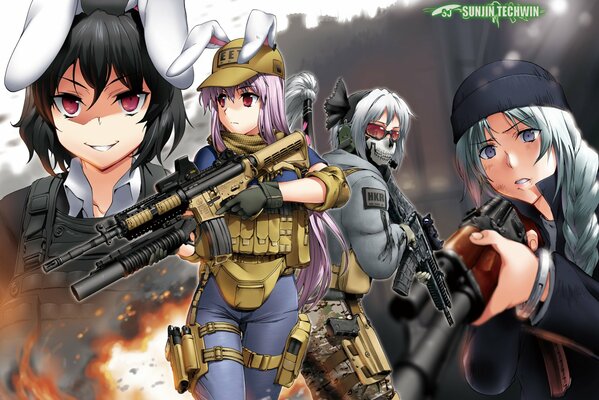 Anime girls in uniform with weapons from the call of duty