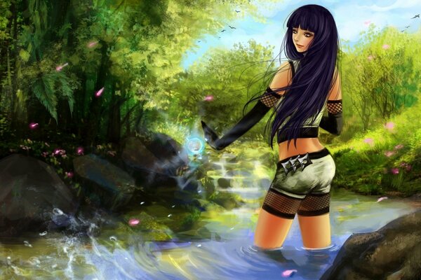 Arte, Hyuga Hinata chica río pétalos piedras