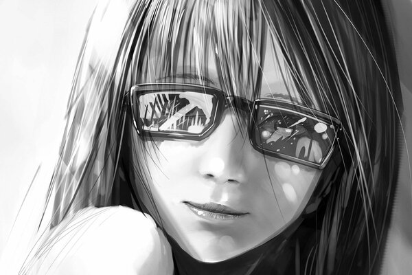 Chica con flequillo y gafas en blanco y negro