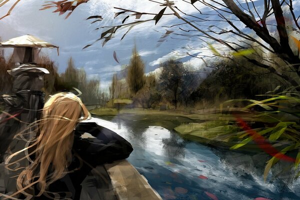 A girl with long blonde hair admires the views of nature