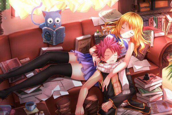 Anime sleeping in books girl and guy