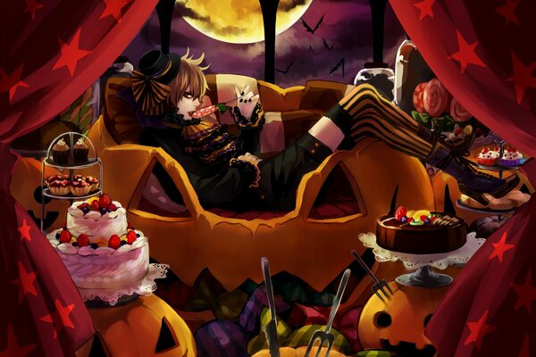 Girl on the couch on a moonlit Halloween night