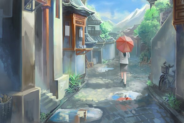 Anime art girl with umbrella