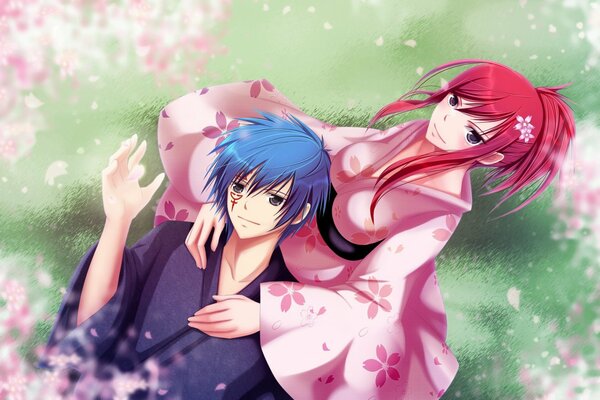 Anime fairy tale about fairy tail, a guy and a girl in sakura petals