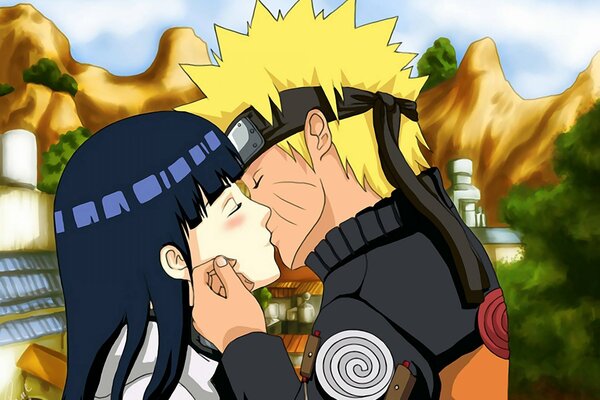 Two characters from Naruto kiss against the background of mountains