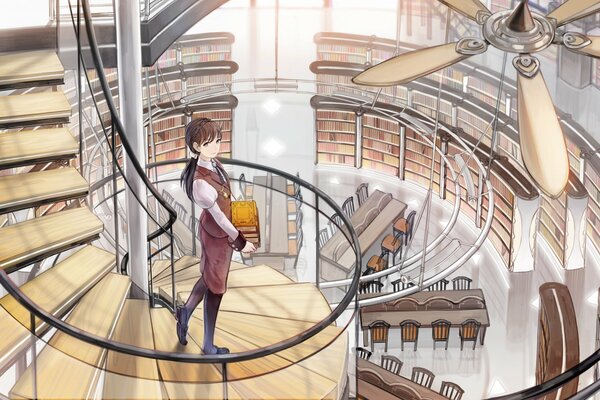 The girl standing on the spiral staircase in the library