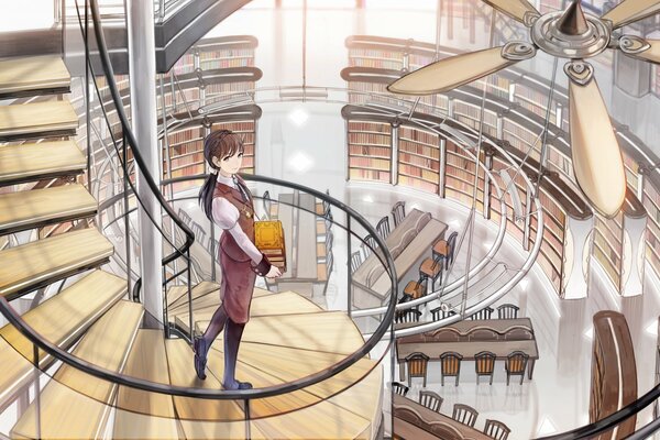 Dziewczyna stojąca na spiralnych schodach w bibliotece