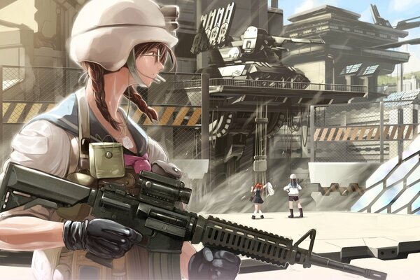 A girl with a machine gun in glasses and a helmet