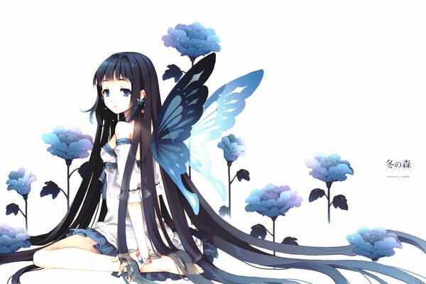 A girl with long hair and blue flowers