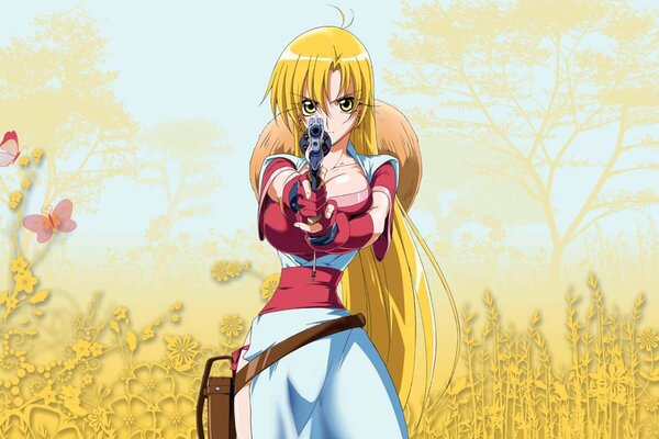 A girl with a gun in her hands against the background of a forest and butterflies