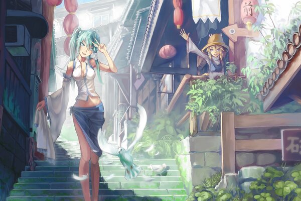 Anime girl on the street is standing on the stairs