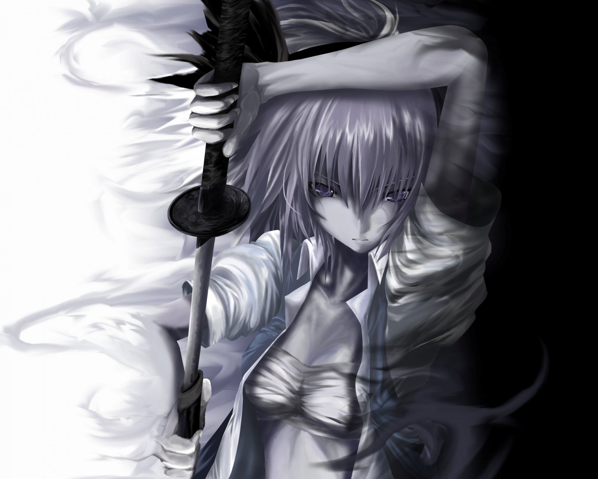 touhou fille noir blanc épée katana dessin