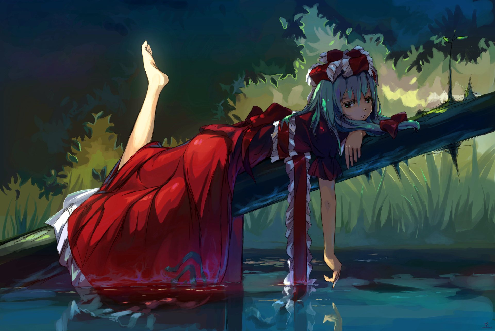 anime touhou wasser liegt baumstamm