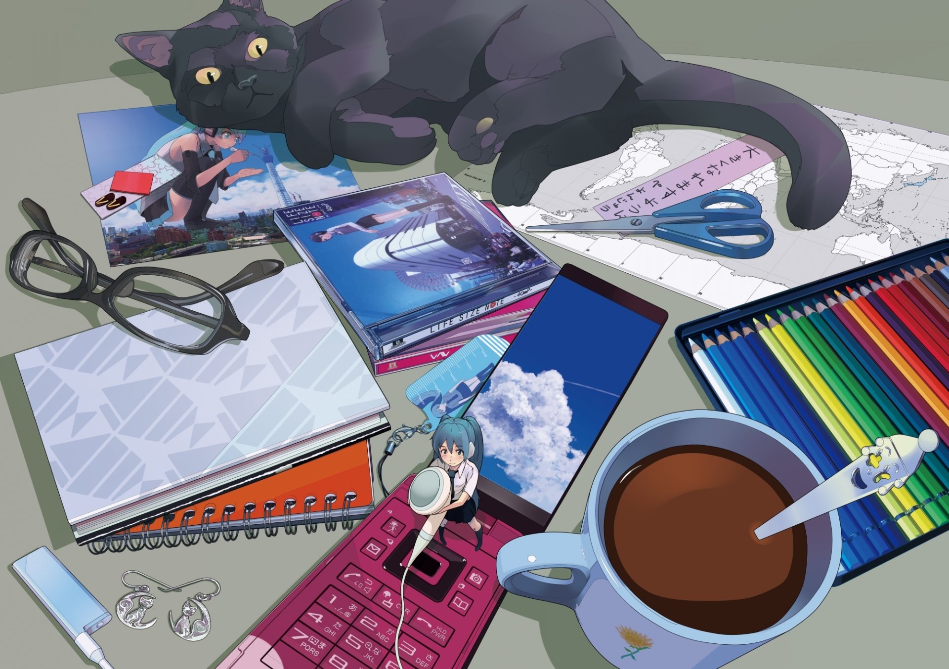 vocaloid hatsune miku table glasses mobile phone phone headphones pencils cat cat mug card