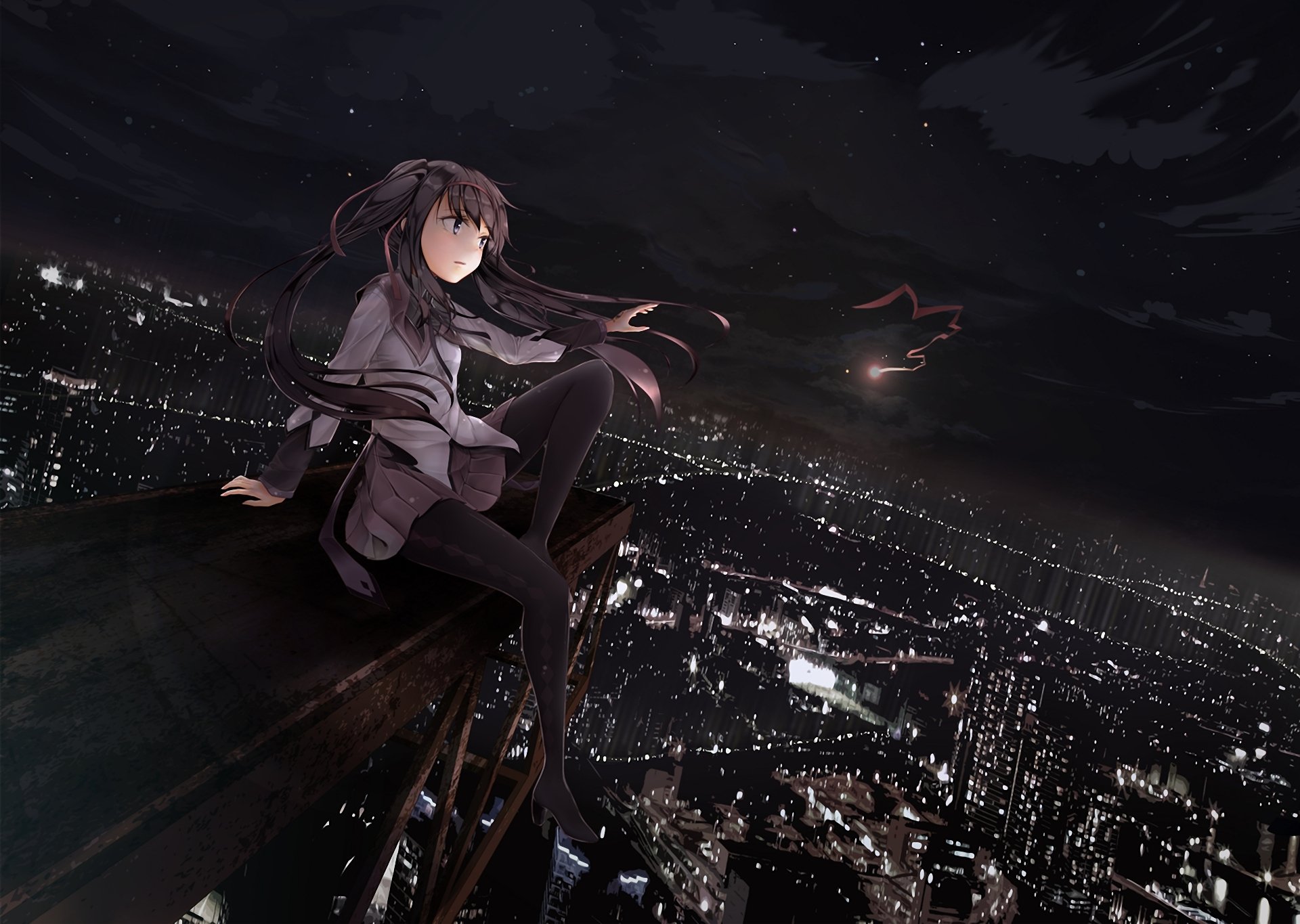 arte ahirun mahou shoujo madoka magica akemi homura ragazza notte città nastro vento luci