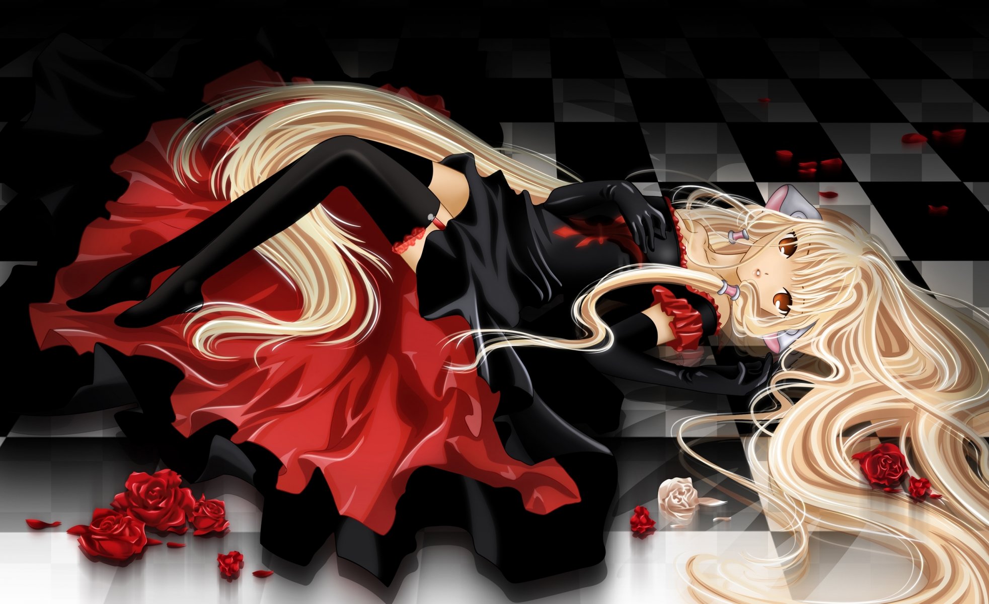 chiy chobits zettai ryouiki ragazza si trova rose calze vestito