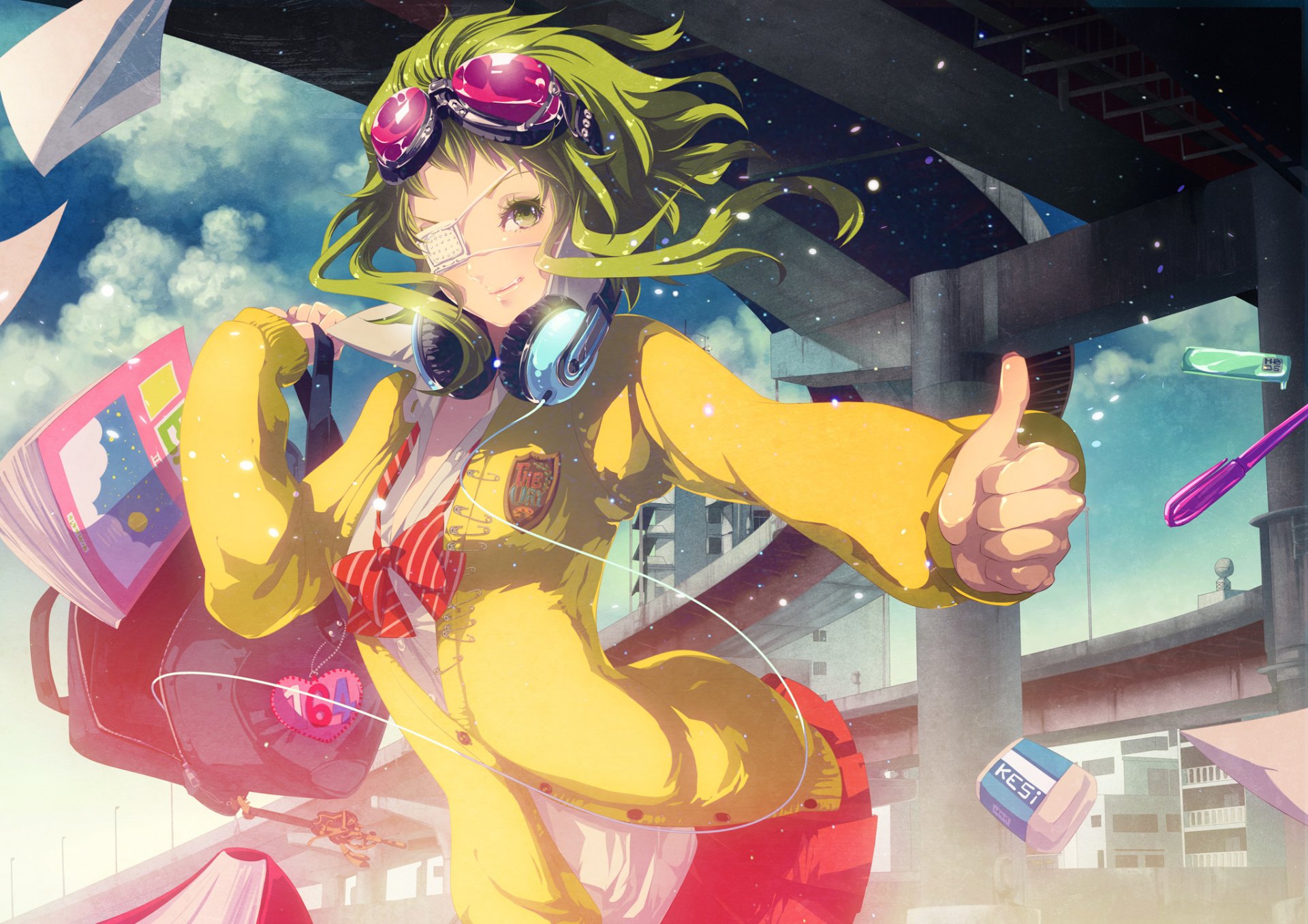 gumi vocaloid arte ikushima ragazza fascia occhiali scuola libri di testo uniforme cuffie