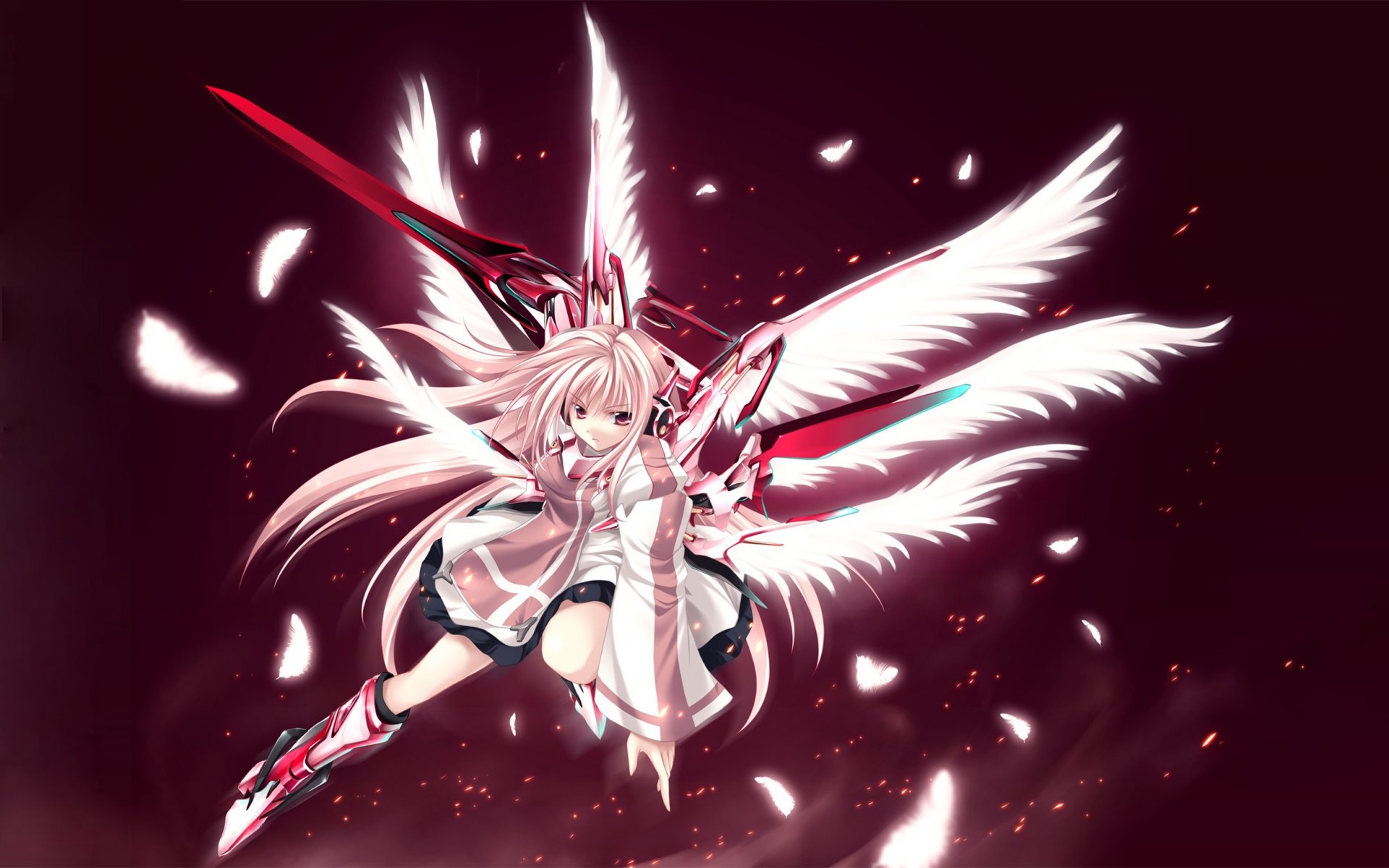 girl fur wings feathers dress sword mechagirl