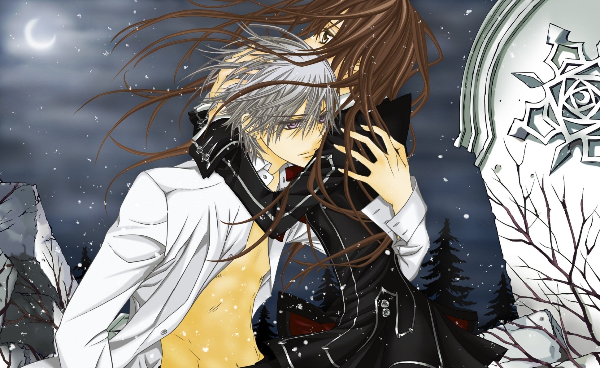 kiryu zero caballero vampiro cruz de yuki caballero vampiro luna noche nieve viento placa abrazo