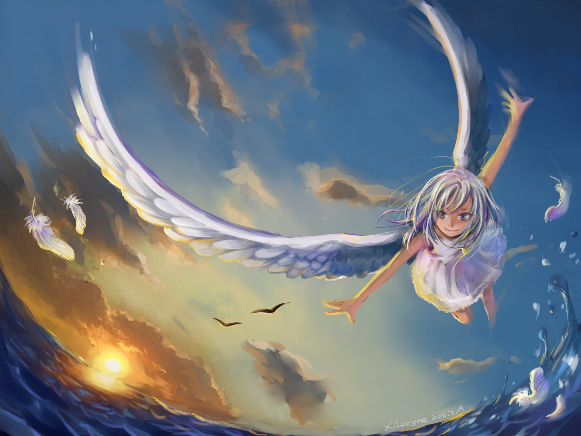 marera gatsu girl angel wings sea flight water feathers gulls sun