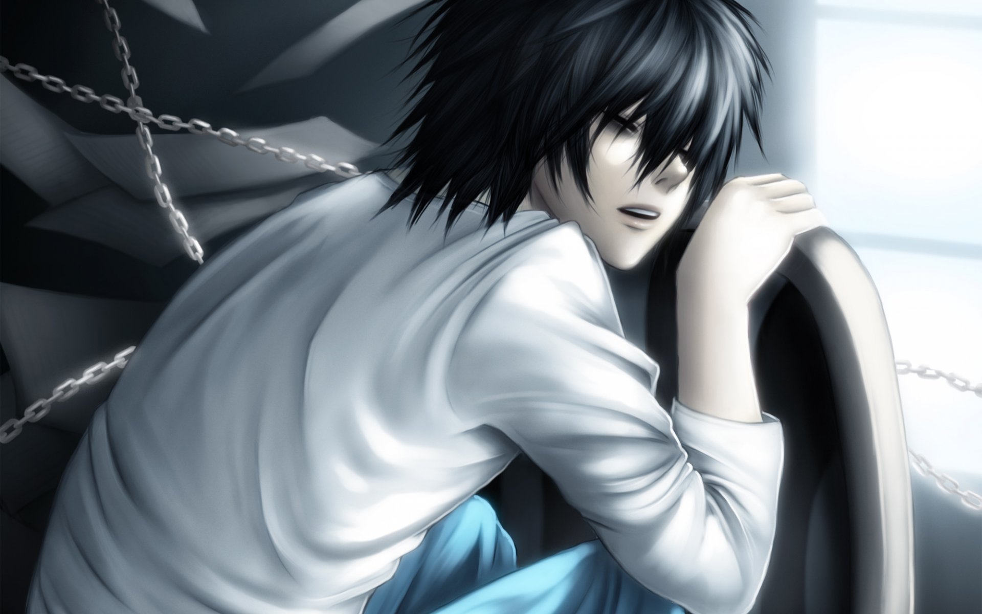 death note л lawliet тетрадь смерти парень спит цепи листы кресло свет