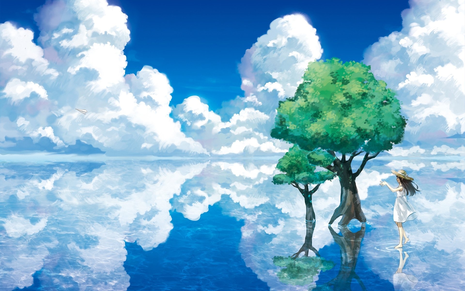 art fille paysage arbres eau lac réflexion nuages chapeau