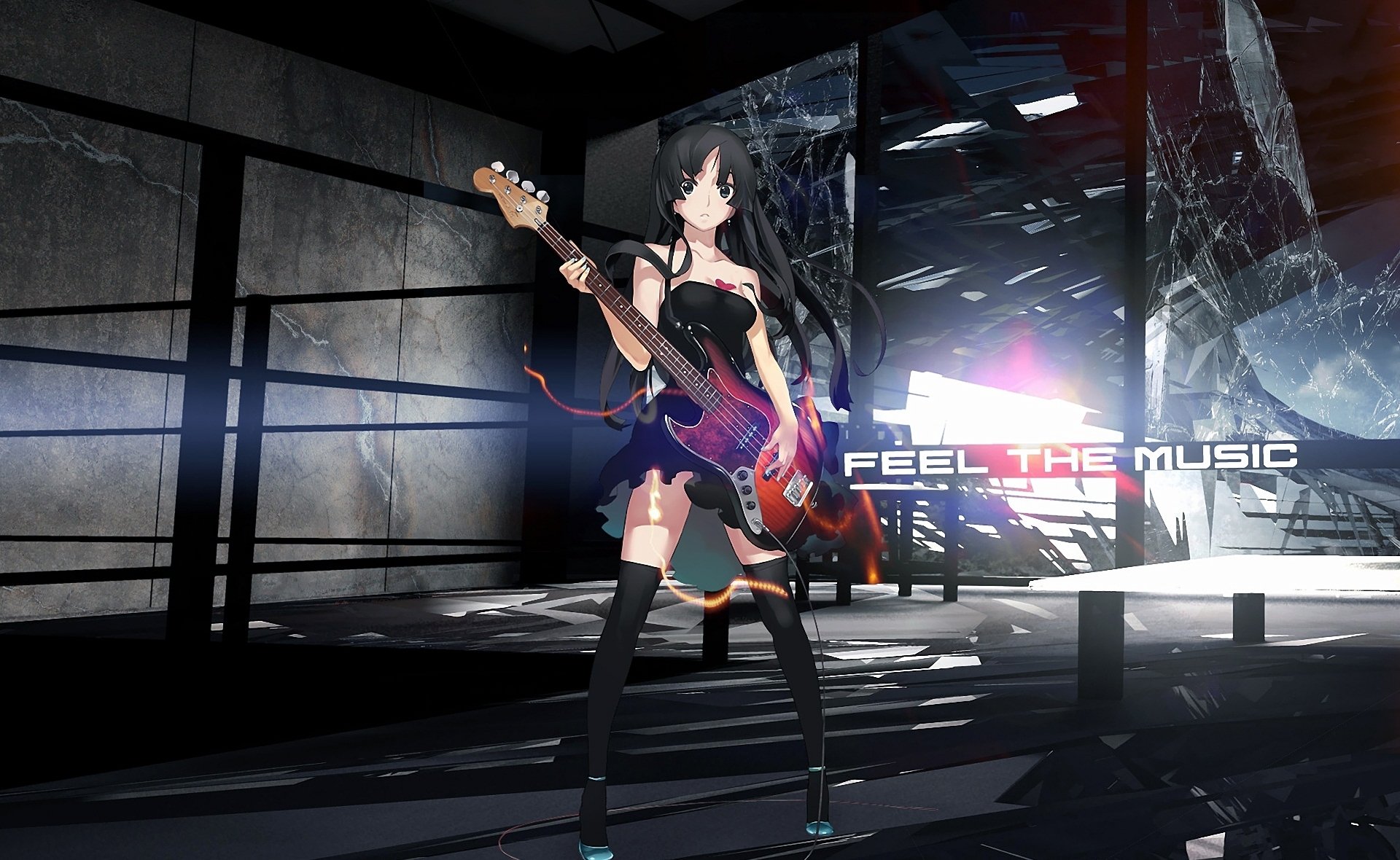 k-on akiyama mio mädchen gitarre rendering schriftzug glas gebrochen