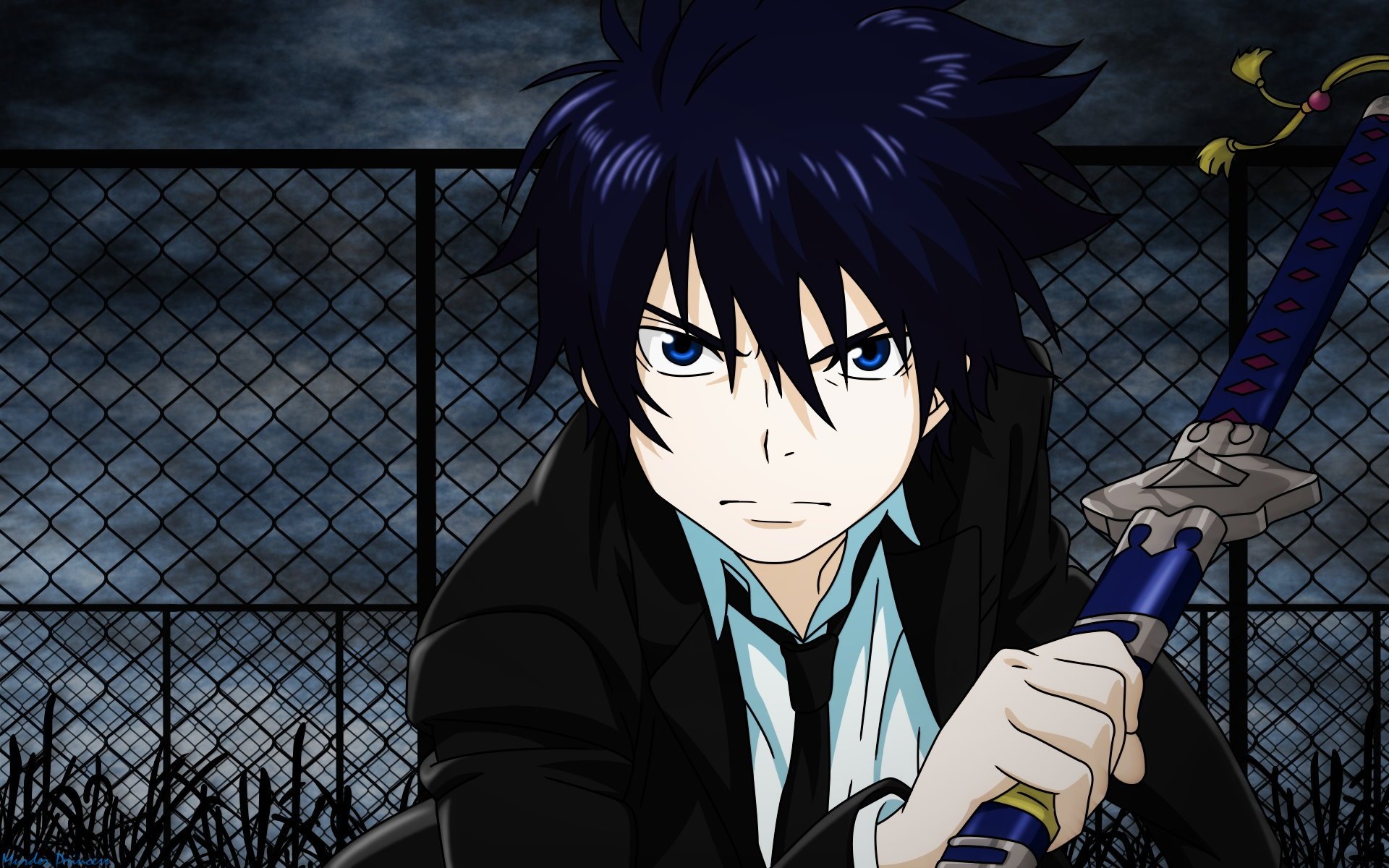 rin okumura ao non esorcista esorcista blu spada sguardo