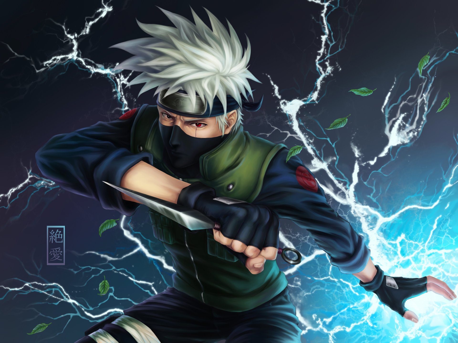 naruto hatake kakashi solo guanti foglie cicatrice geroglifico bandana fulmine