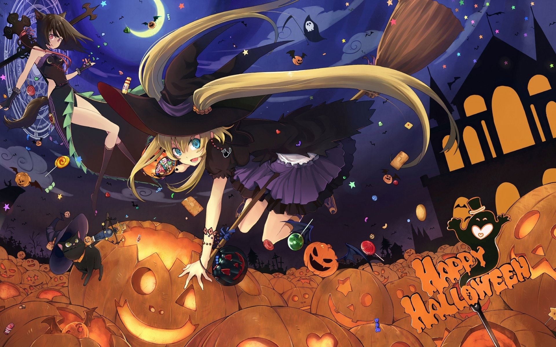 anime girls witches broom hats candy pumpkin halloween