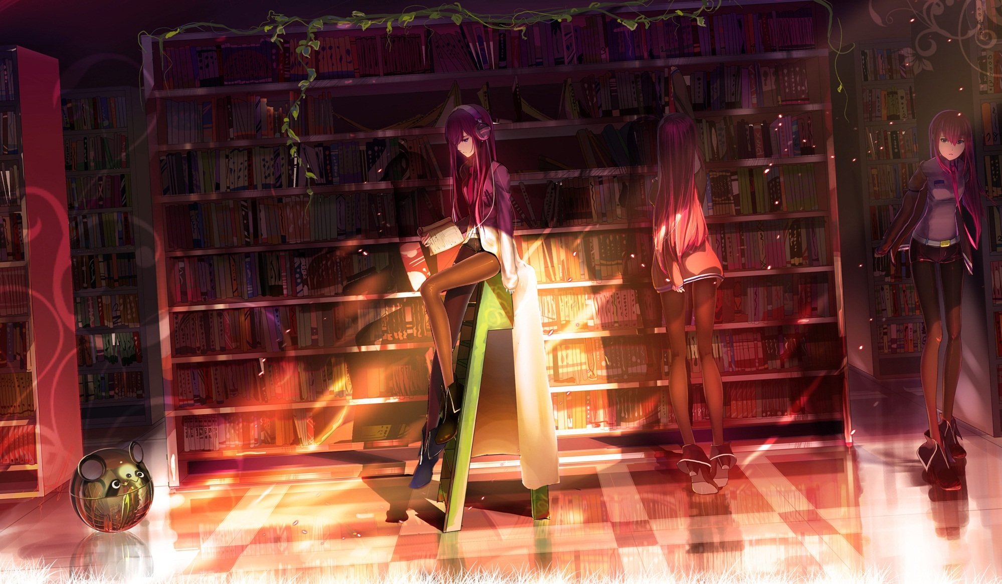 teins gate makise kurisu girl library books robots headphones light