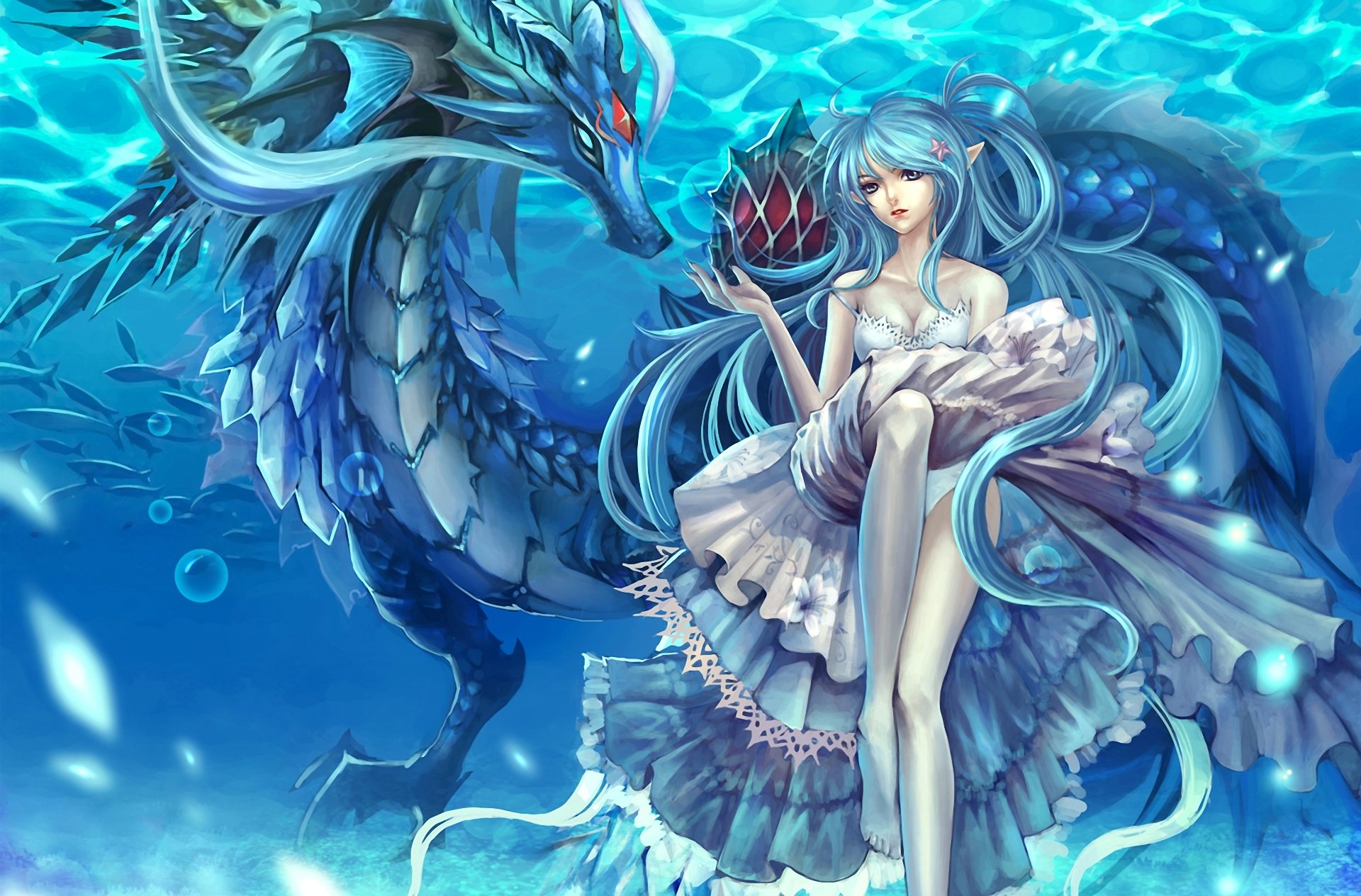 girl dragon elf under water fish dress bubble