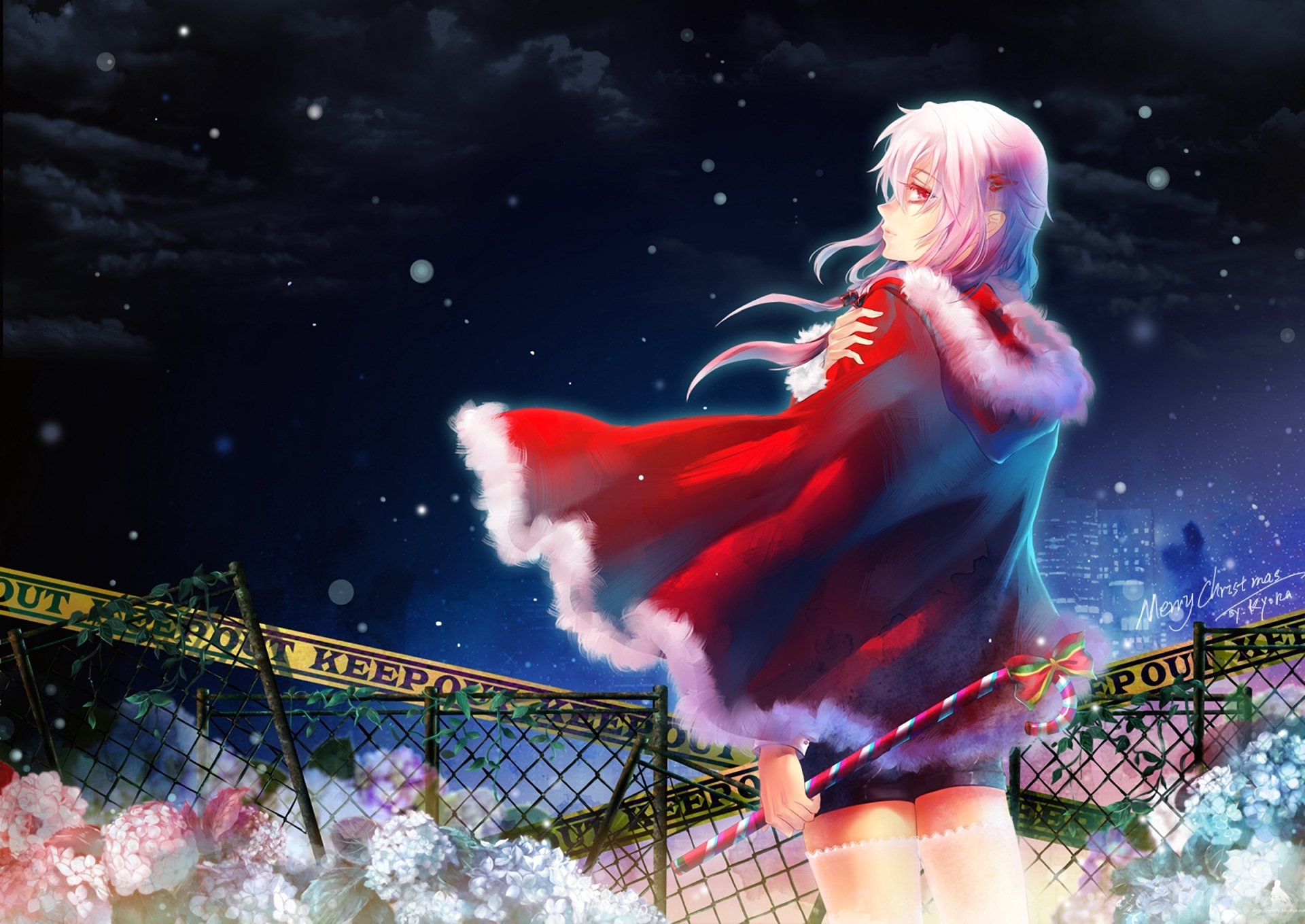 couronne coupable yuzuriha inori art nouvel an nuit neige fille manteau cape fleurs hortensia clôture treillis ville