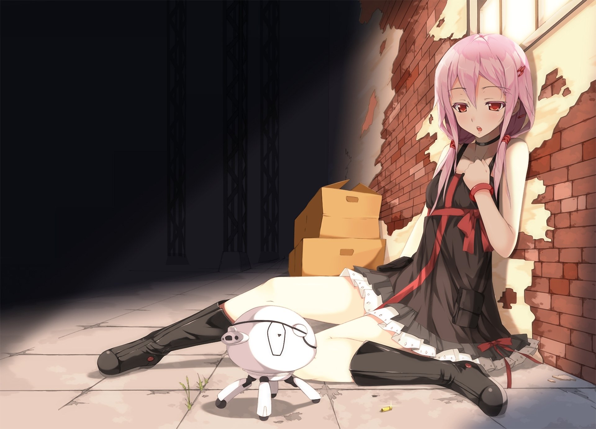 guilty crown yuzuriha inori fyu-neru girl robots sitting box wall