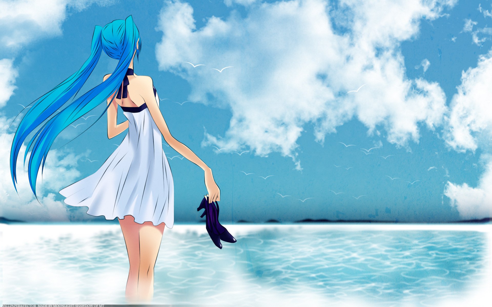 vocaloid fille mer chaussures ciel oiseaux hatsune miku