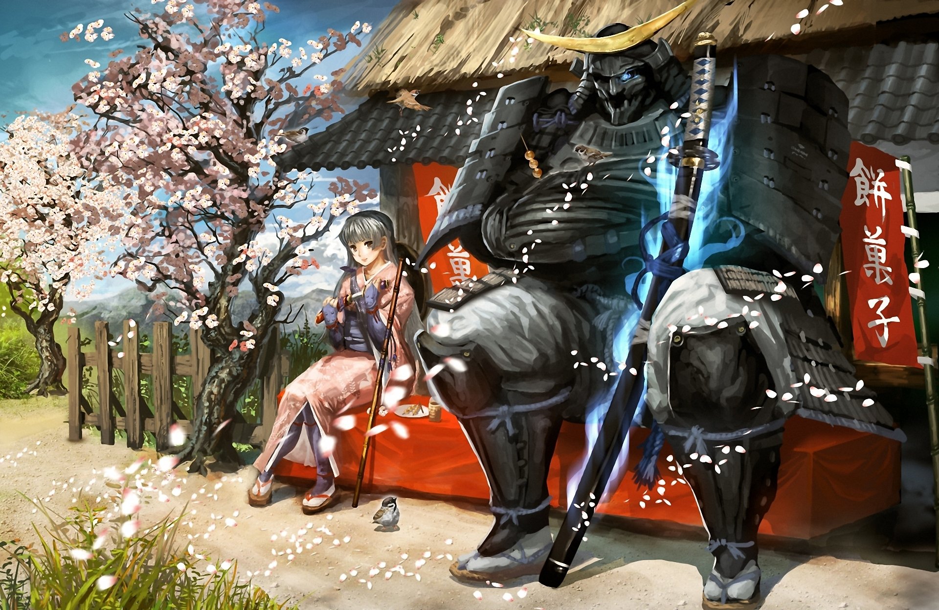 arte vanipo ragazza guerriero samurai spada katana sakura petali passero uccello banner geroglifici