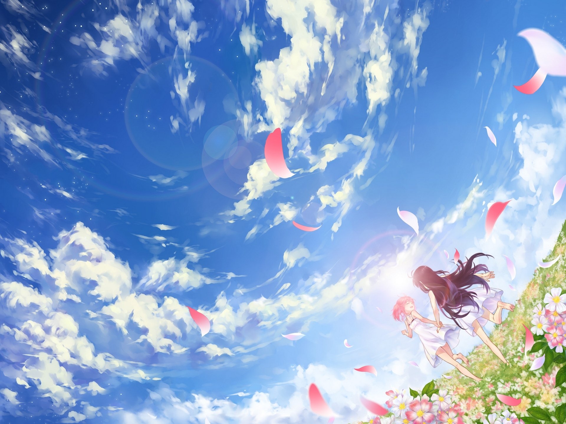 mahou shoujo madoka magica akemi homura kaname madoka capelli lunghi capelli corti bocca aperta sorriso capelli rosa due ragazze fiori occhi chiusi cielo nuvole a piedi nudi petali tenersi per mano prendisole campo