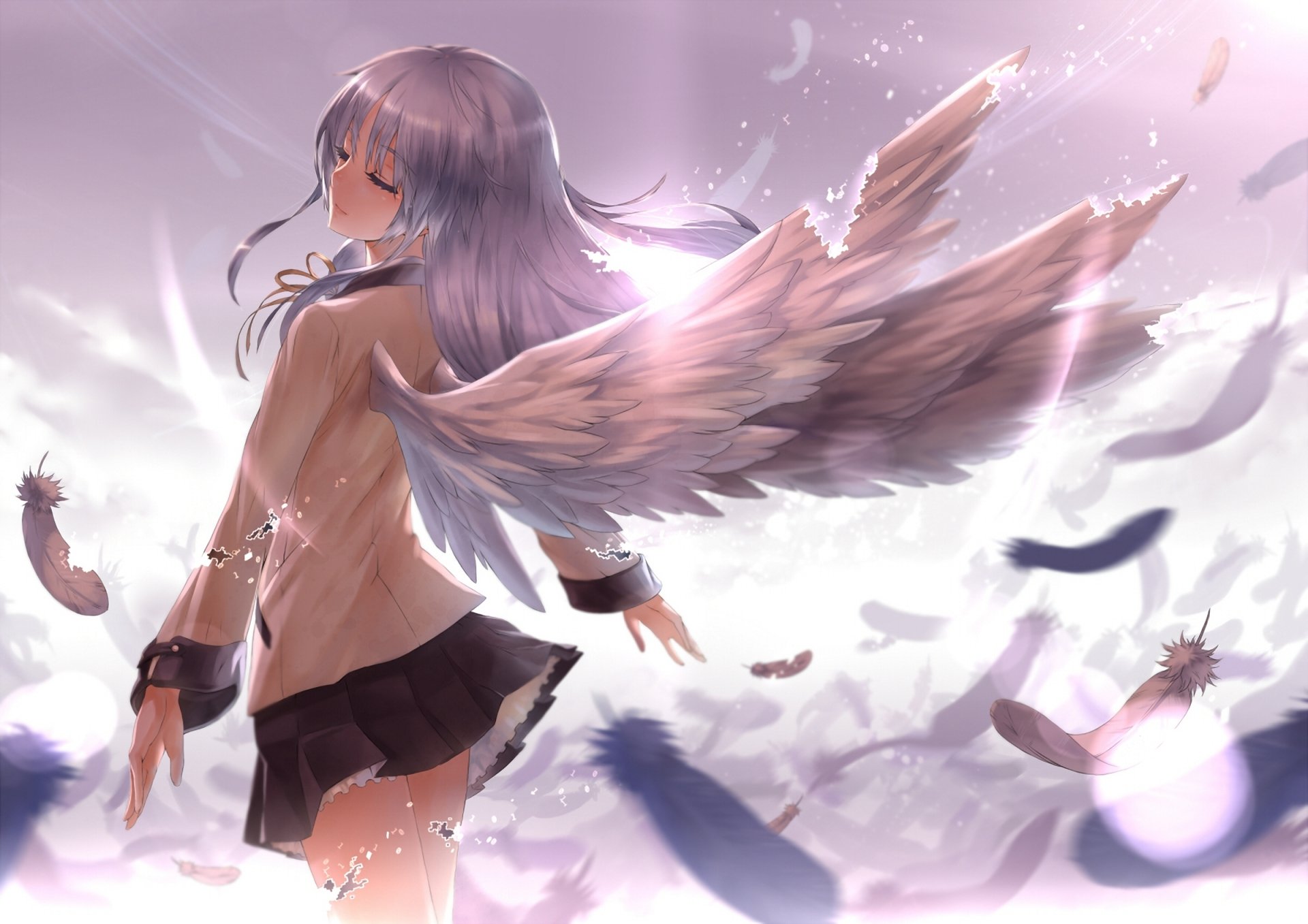 angel beats tachibana kanade chica ángel alas plumas luz