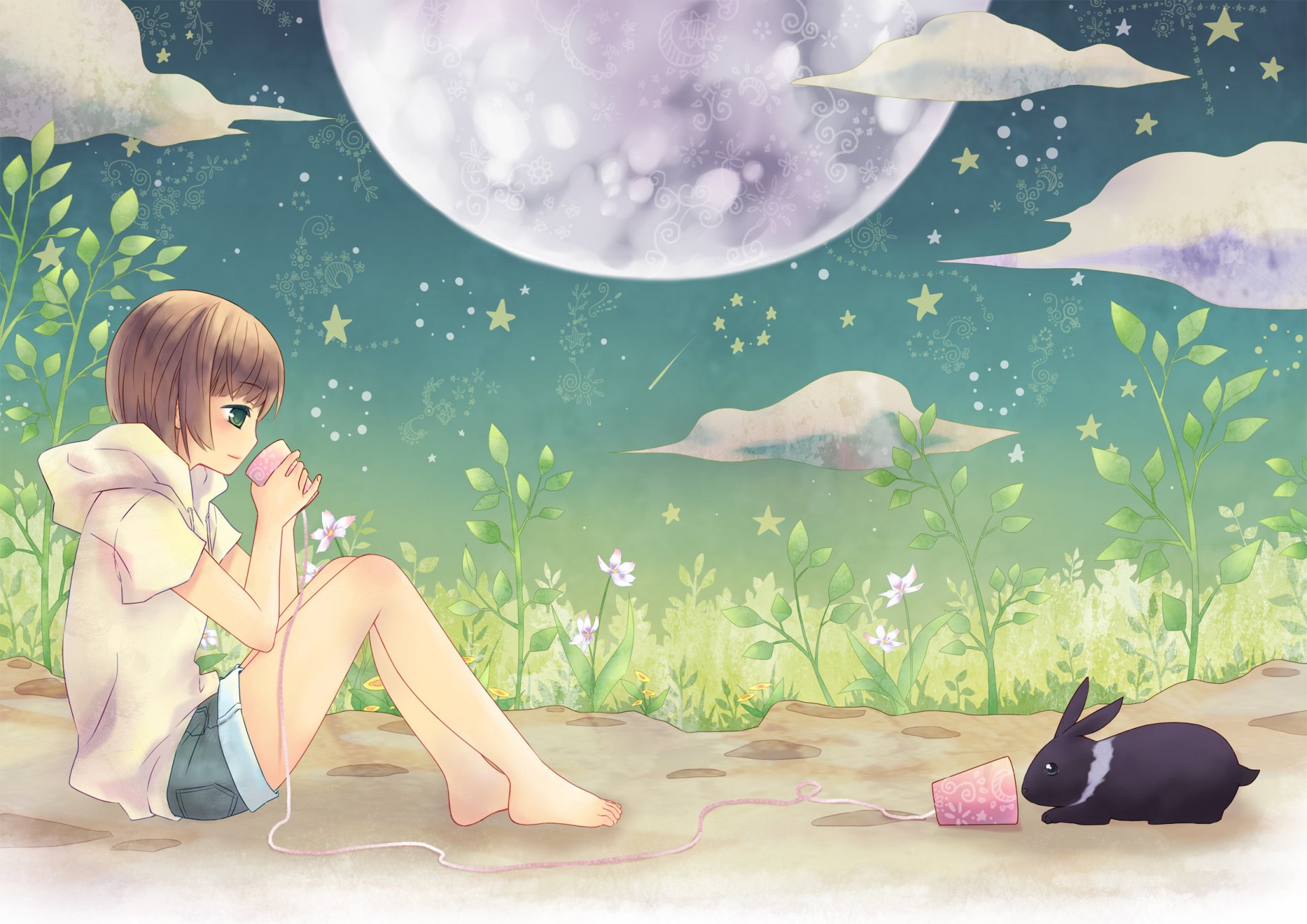 anime night moon summer girl rabbit friends mood talk phone two