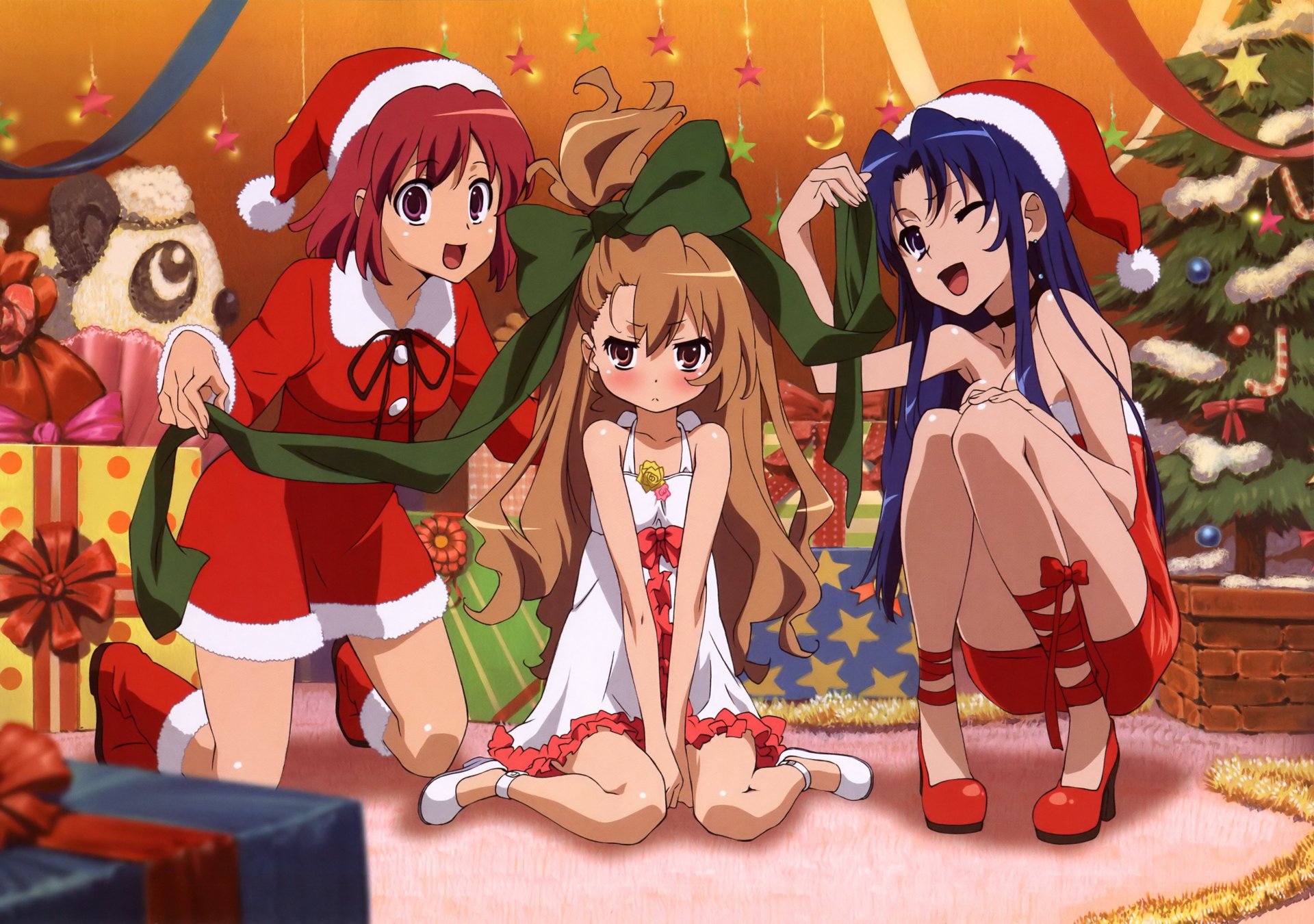 toradora aisaka taiga kawashima ami kushida minori filles vacances nouvel an costumes arbre de noël cadeaux arc émotions