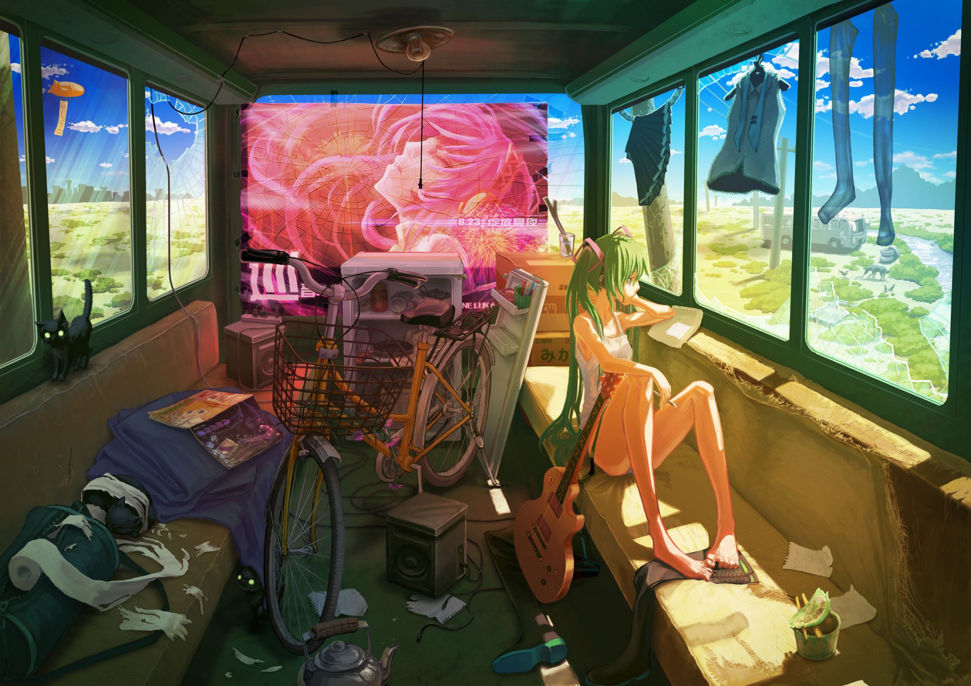 hatsune miku vocaloid ragazza chitarra bicicletta vestiti autobus gatto viaggio