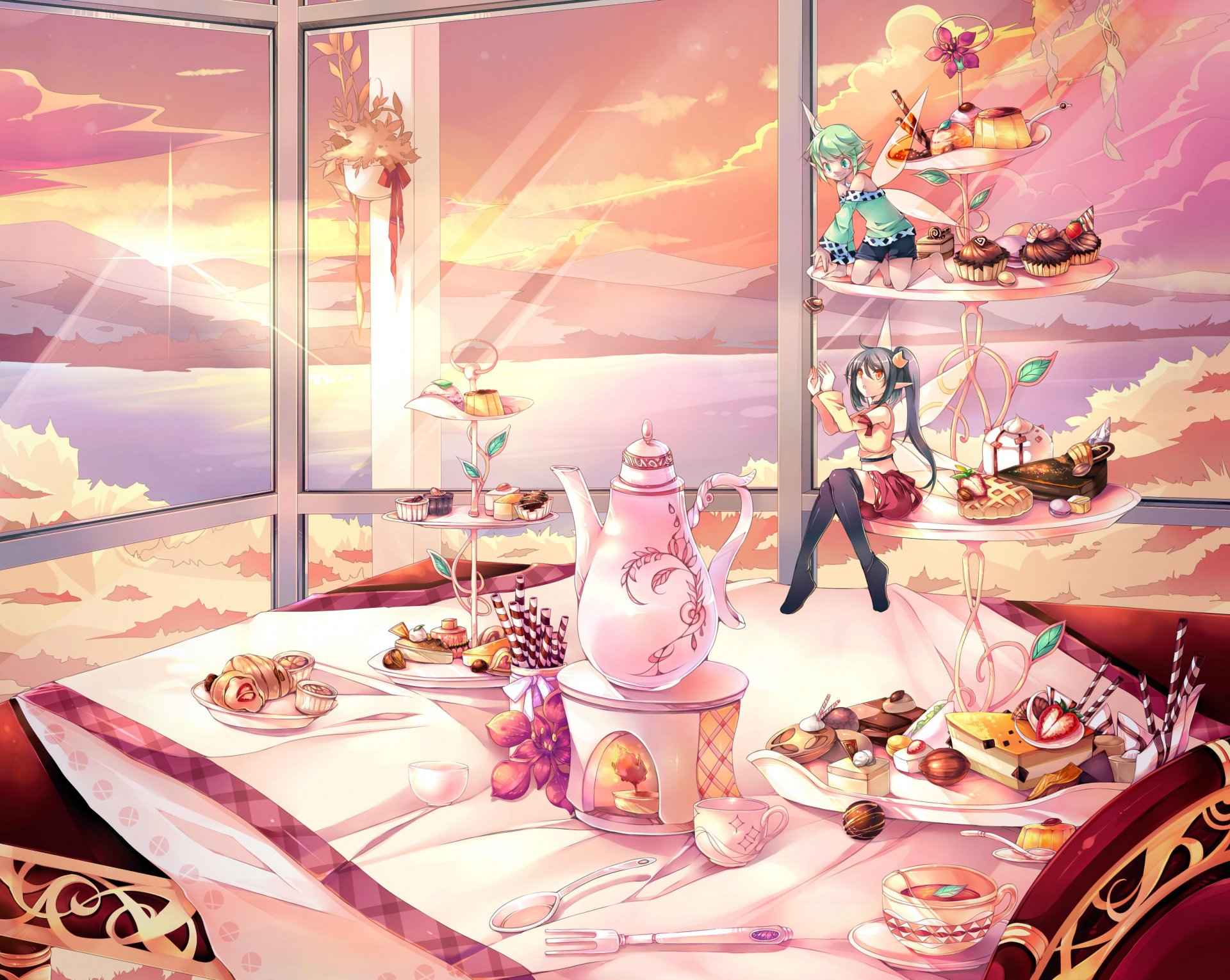 anime roter seidenvogel roter seidenvogel fee mädchen tisch fenster berge flügel sonnenuntergang kuchen abend sonne tasse becher teekanne fest tischdecke wolken süßigkeiten kuchen beere meer landschaft blume freundschaft essen