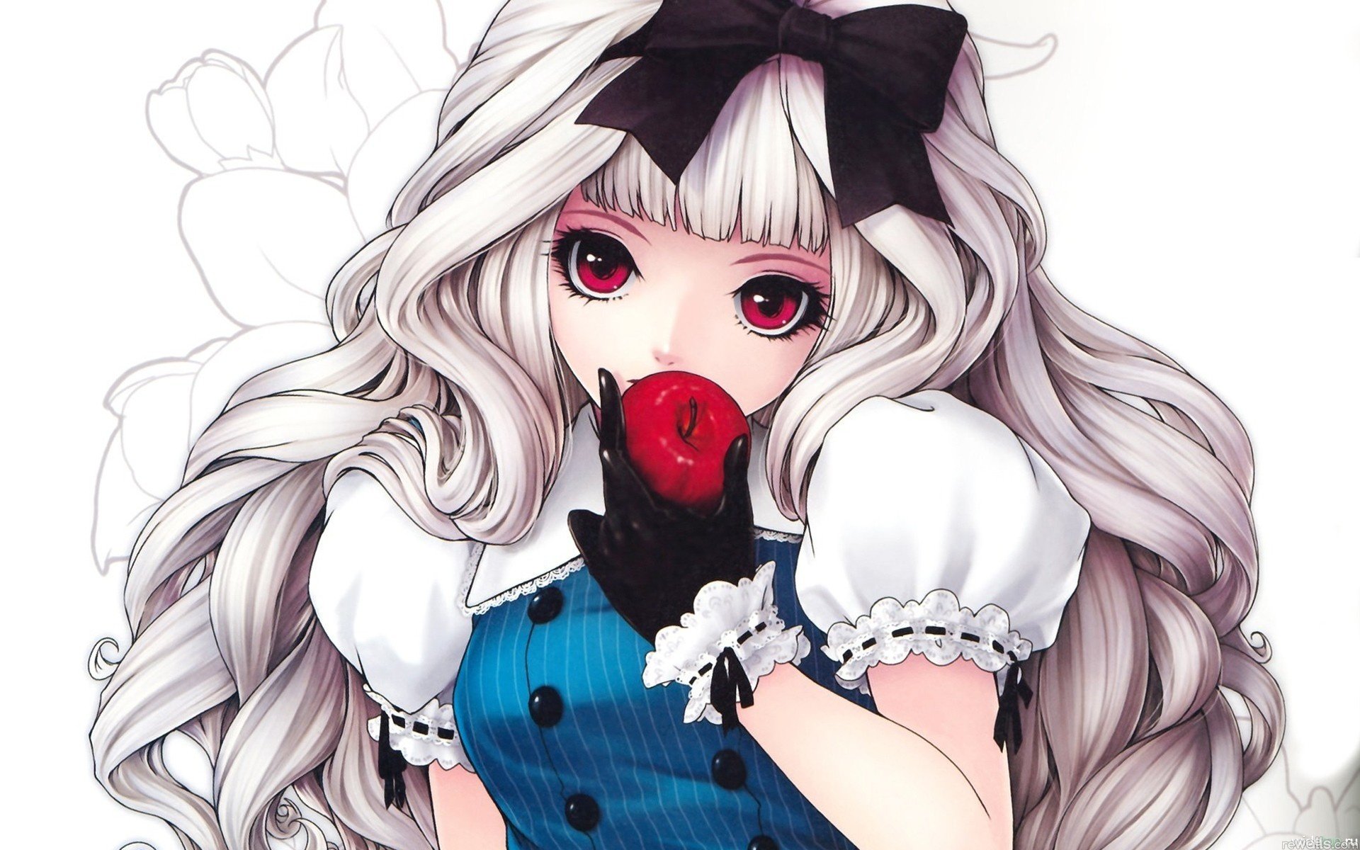 girl blonde lolita loli doll dolly locks bow red eyes apple temptation glove desire background pattern flower