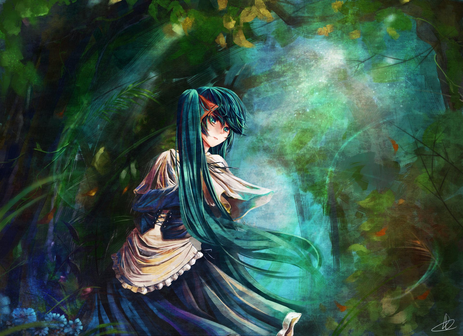 hatsune miku vocaloid pelo azul bosque anime